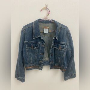 cropped denim jacket by Paris Blues with sequin trim along the bottom hem & cuff